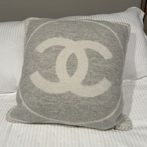 CHANEL Reversible Wool Cashmere CC Pillow White Grey